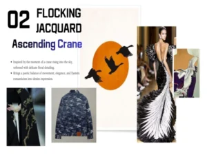 Ascending Crane Flocking Jacquard Denim For Lady Jean and Jacket_