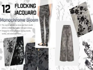 Monochrome Bloom black floral chenille jacquard denim fabric inspired by vintage botanical patterns for FW26 denim collections