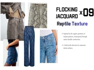 Reptile texture denim trend inspiration board featuring chenille jacquard denim applications